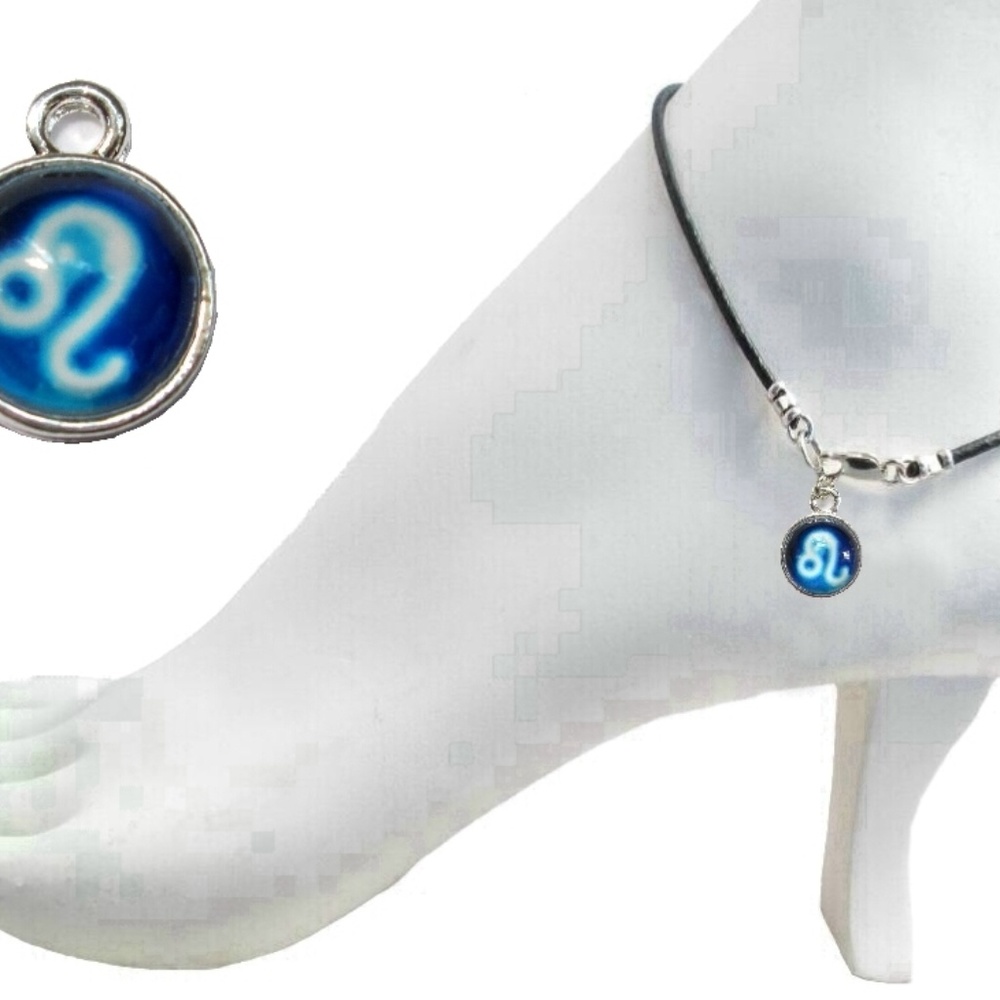 Black Leather Anklet ~  Leo Zodiac Charm